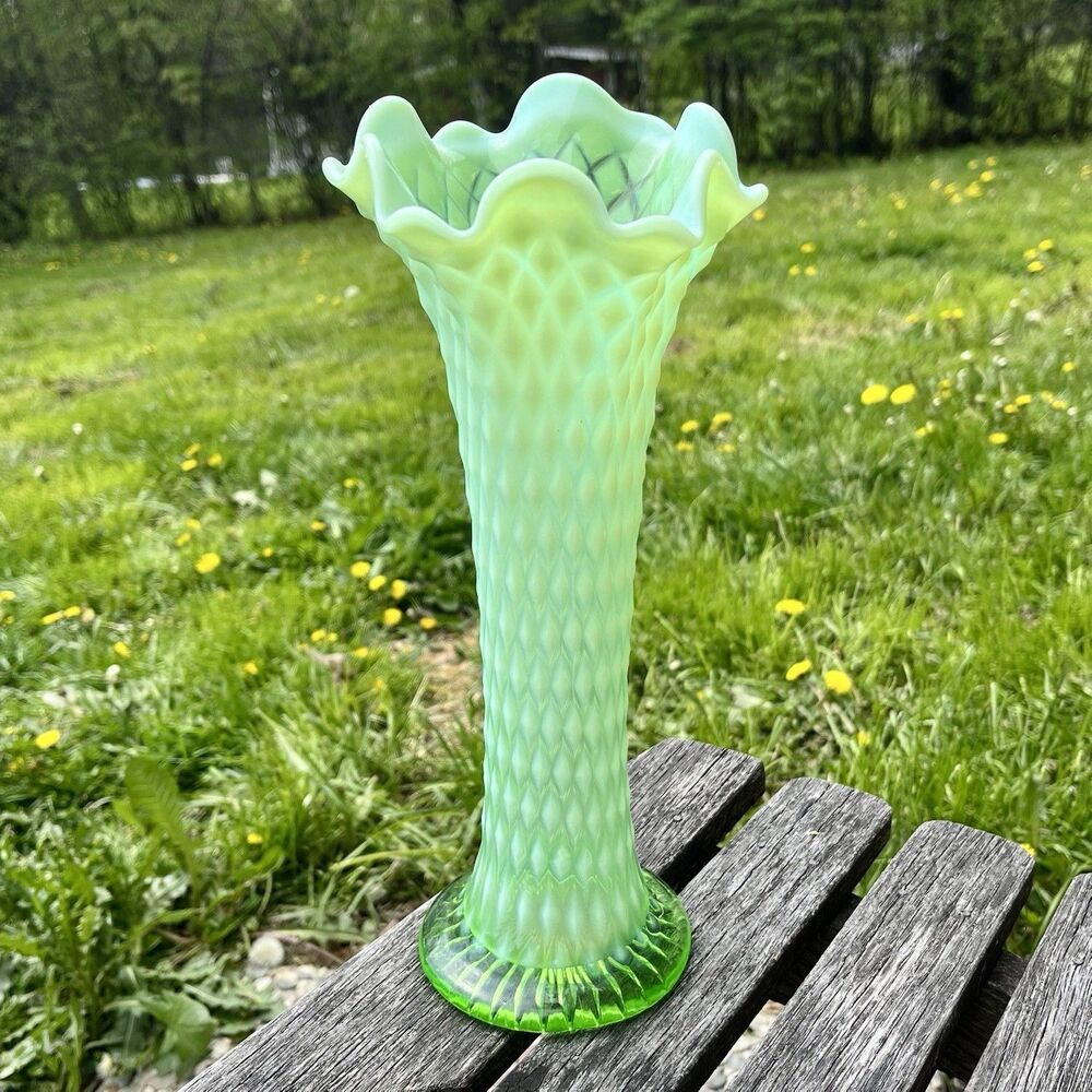 Antique Northwood Diamond Point Green Opalescent Glass Swung Vase 11”